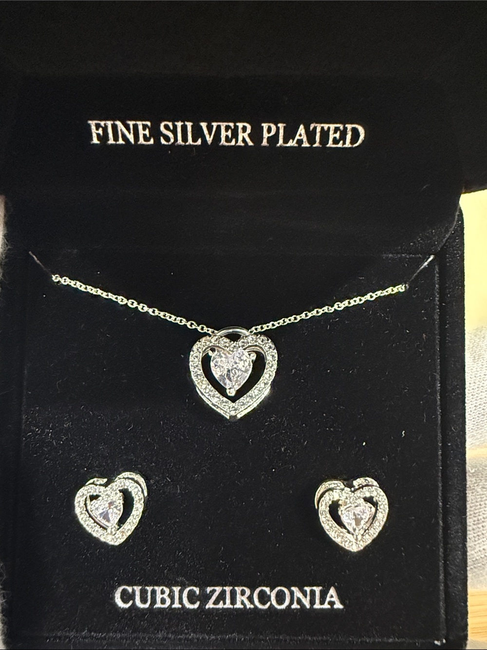Fine Silver-Plated Heart Pendant Necklace with Matching Stud Earrings - Silver